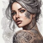 Desenho de uma jovem mulher com tattoos no rosto e ombros