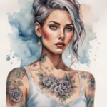 Desenho de uma jovem mulher com tattoos no rosto e ombros