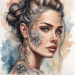 Desenho de uma jovem mulher com tatuagens no rosto e ombros