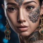 Imagem de um rosto feminino tatuado. Tatuagens.