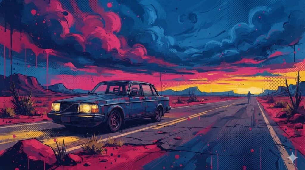 Ilustração pop-art com estrada deserta ao entardecer, carro vintage dos anos 80 e silhueta misteriosa pedindo carona em paleta azul, rosa e dourado — evocando o suspense cult de A Morte Pede Carona