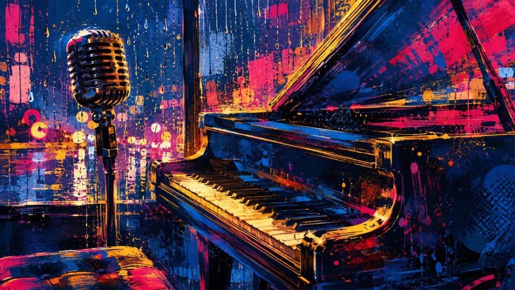 Ilustração pop-art com piano vintage, chuva colorida em janela e microfone em paleta azul, rosa e dourado — evocando a balada imortal Against All Odds de Phil Collins