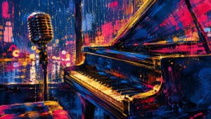 Ilustração pop-art com piano vintage, chuva colorida em janela e microfone em paleta azul, rosa e dourado — evocando a balada imortal Against All Odds de Phil Collins