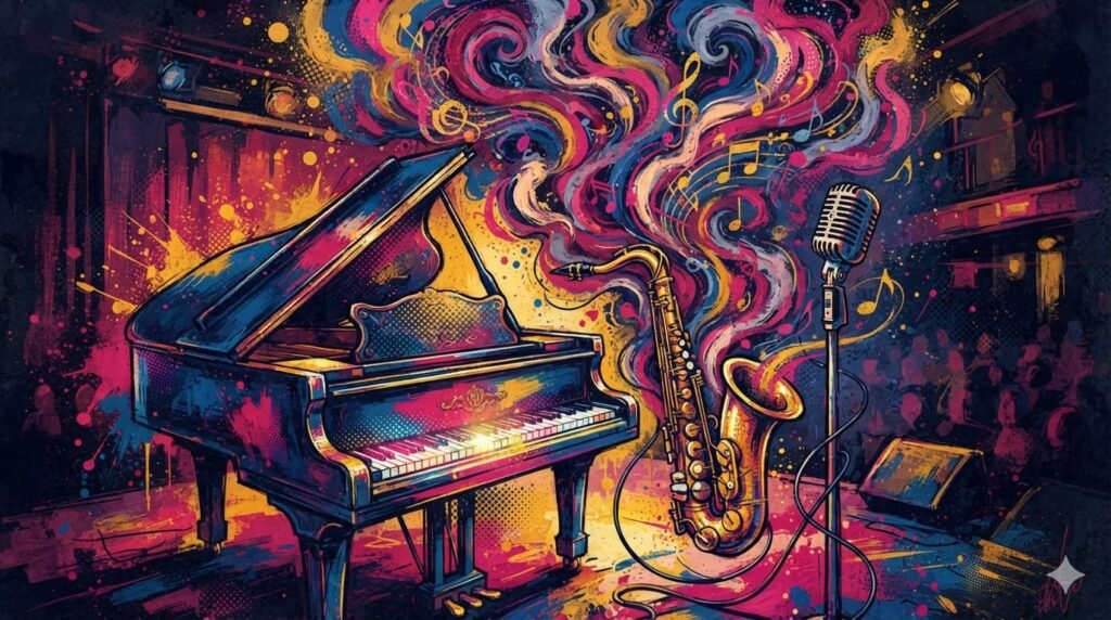 Ilustração pop-art com piano vintage, saxofone e microfone com notas musicais em paleta azul, rosa e dourado — evocando o encontro entre jazz e pop em "Your Song"