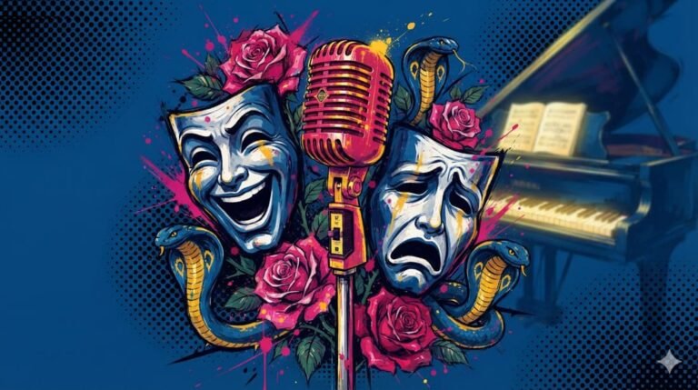 Ilustração pop-art com microfone vintage, máscaras teatrais de tragédia e comédia, rosas e cobras e piano ao fundo em paleta azul, rosa e dourado — evocando o contraste entre terror e ternura em "You and Me" de Alice Cooper