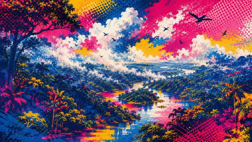 Ilustração pop-art abstrata da floresta amazônica com árvores tropicais estilizadas, padrões de rios e silhuetas de pássaros em paleta vibrante