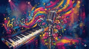 Ilustração pop-art com microfone vintage, flores crescendo e piano com notas musicais transformadas em pinceladas coloridas em paleta azul, rosa e dourado — evocando a arte de Annie Haslam e Renaissance