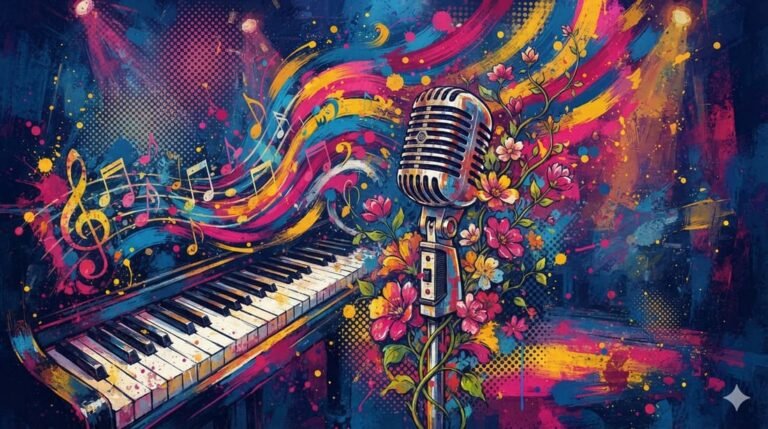 Ilustração pop-art com microfone vintage, flores crescendo e piano com notas musicais transformadas em pinceladas coloridas em paleta azul, rosa e dourado — evocando a arte de Annie Haslam e Renaissance