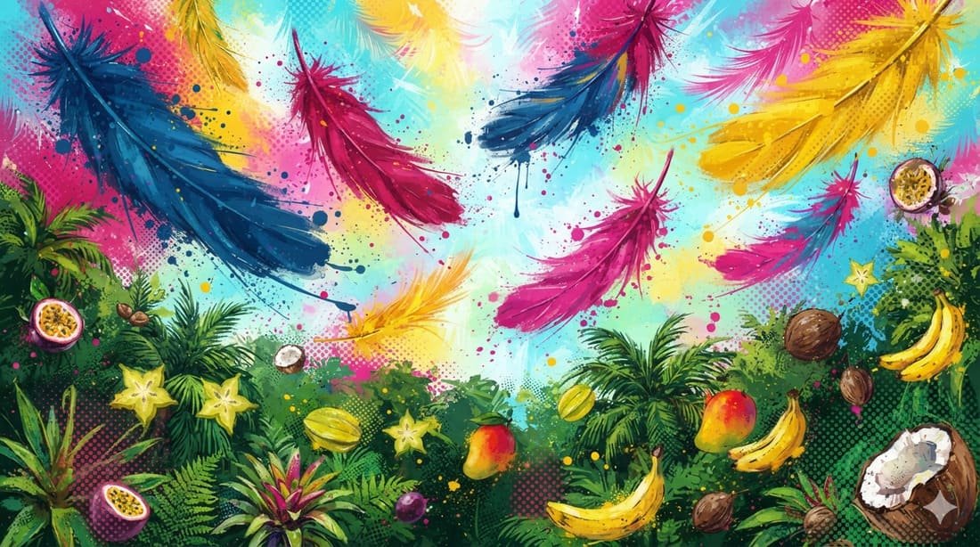 Ilustração pop-art com penas de araras coloridas em voo contra céu tropical, frutas e folhagem em paleta azul, rosa e dourado — evocando a beleza das araras brasileiras