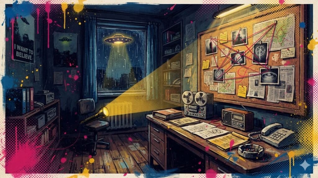 Ilustração pop-art de escritório de investigação anos 90 à noite com lanterna, arquivos conectados por barbante vermelho e silhueta de UFO no céu chuvoso