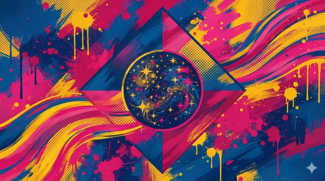 Ilustração pop-art abstrata com formas geométricas: losango, esfera celeste com estrelas e faixa curva em paleta azul, rosa e dourado — evocando a bandeira do Brasil