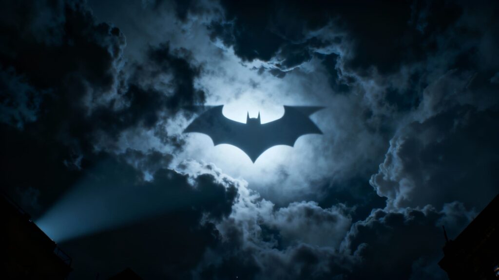 O Bat-sinal projetado em densas nuvens de tempestade no céu noturno. Atmosfera realista e melancólica.