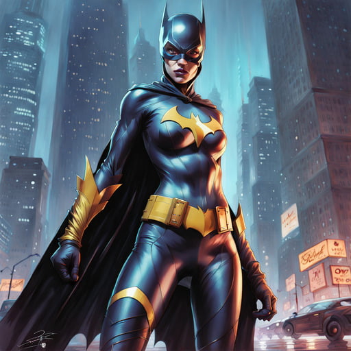 Imagem da Batgirl num cenário futurista com prédios e veiculos