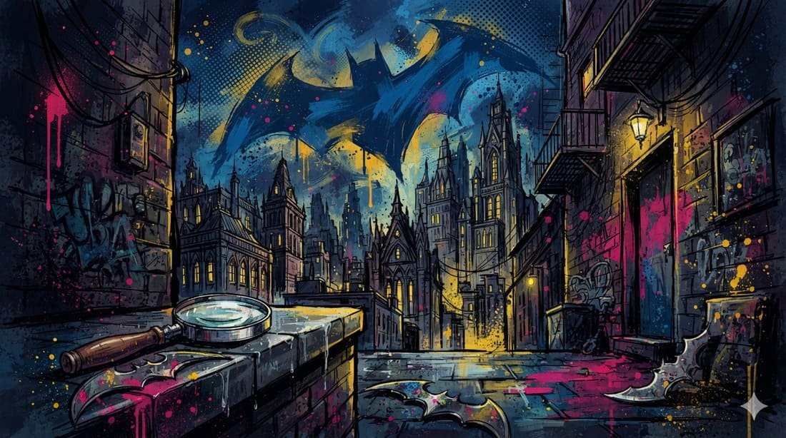 Ilustração pop-art com silhueta de morcego contra cidade gótica, batarangs e lupa de detetive em paleta azul, rosa e dourado — universo do Batman