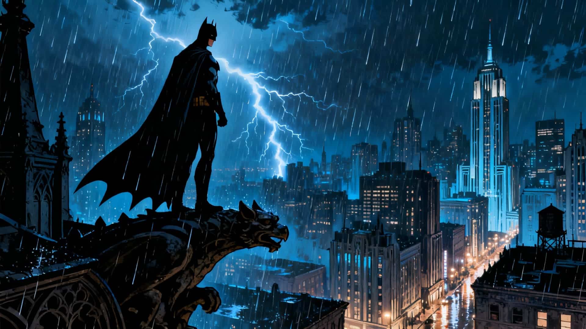Batman silhueta Gotham City noite chuvosa arte