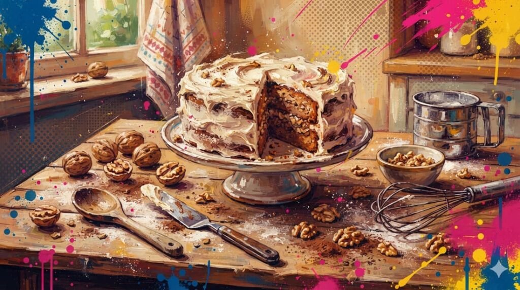 Bolo de nozes rústico fatiado sobre mesa de madeira com nozes espalhadas e utensílios de confeitaria vintage