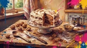 Bolo de nozes rústico fatiado sobre mesa de madeira com nozes espalhadas e utensílios de confeitaria vintage