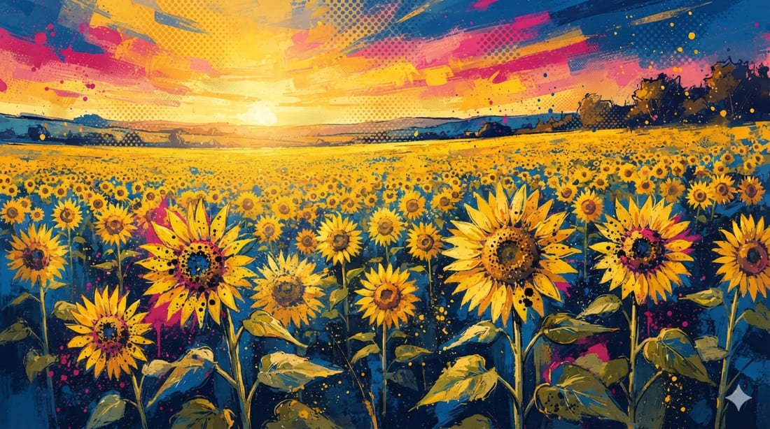 Ilustração pop-art de vasto campo de girassóis ao pôr do sol com flores altas voltadas para o sol em paleta azul, rosa e dourado — evocando a felicidade de verão