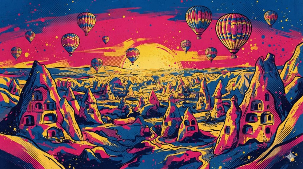 Ilustração pop-art da Capadócia ao amanhecer com balões coloridos flutuando sobre chaminés de fada e habitações cavernícolas em paleta azul, rosa e dourado