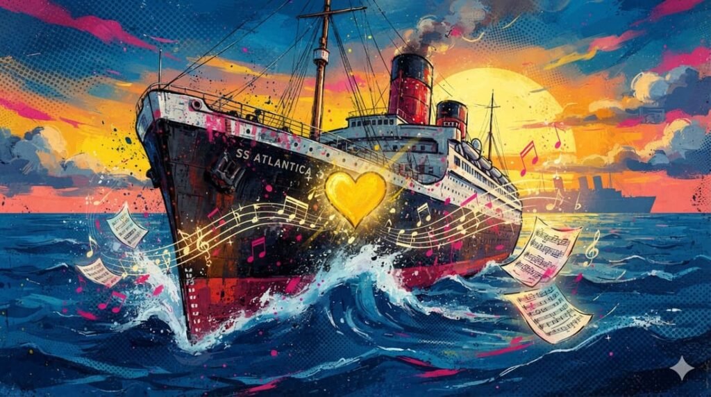 Ilustração pop-art com proa de navio vintage em oceano ao pôr do sol, notas musicais flutuantes e coração dourado em paleta azul, rosa e dourado — evocando Titanic e a balada imortal