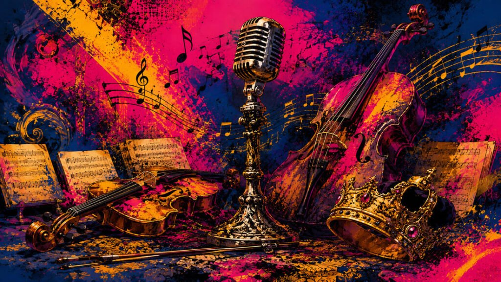 Ilustração pop-art com microfone vintage, instrumentos de corda orquestral, notas musicais e coroa caída em paleta azul, rosa e dourado — evocando "Viva la Vida" do Coldplay