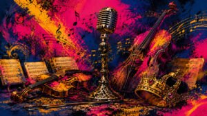 Ilustração pop-art com microfone vintage, instrumentos de corda orquestral, notas musicais e coroa caída em paleta azul, rosa e dourado — evocando "Viva la Vida" do Coldplay