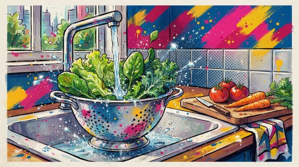 Ilustração vibrante de escorredor com folhas verdes frescas sendo lavadas sob água corrente com gotas respingando, tomates e cenouras ao lado