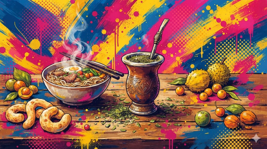 Ilustração pop-art com guampa de tereré, tigela de sobá com hashi, chipa em ferradura e folhas de erva-mate em paleta azul, rosa e dourado — culinária de MS