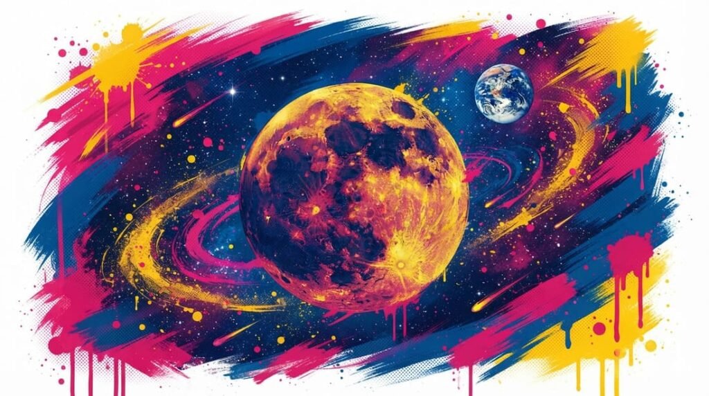 Ilustração pop-art da Lua com superfície craterada, campo de estrelas e Terra ao longe em paleta azul, rosa e dourado — evocando os mistérios do nosso satélite natural