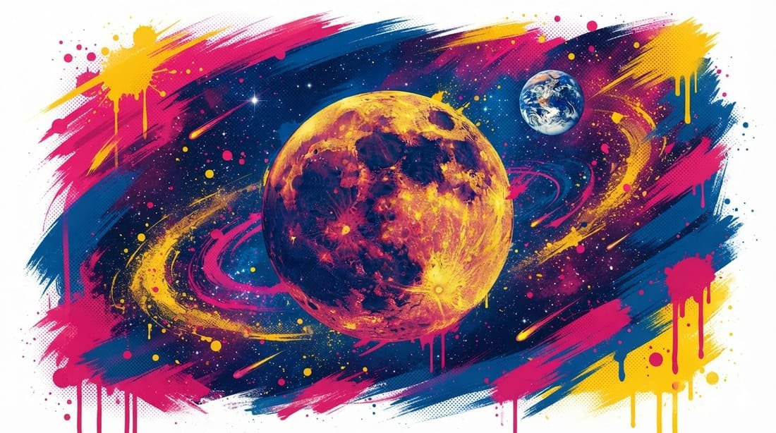 Ilustração pop-art da Lua com superfície craterada, campo de estrelas e Terra ao longe em paleta azul, rosa e dourado — evocando os mistérios do nosso satélite natural