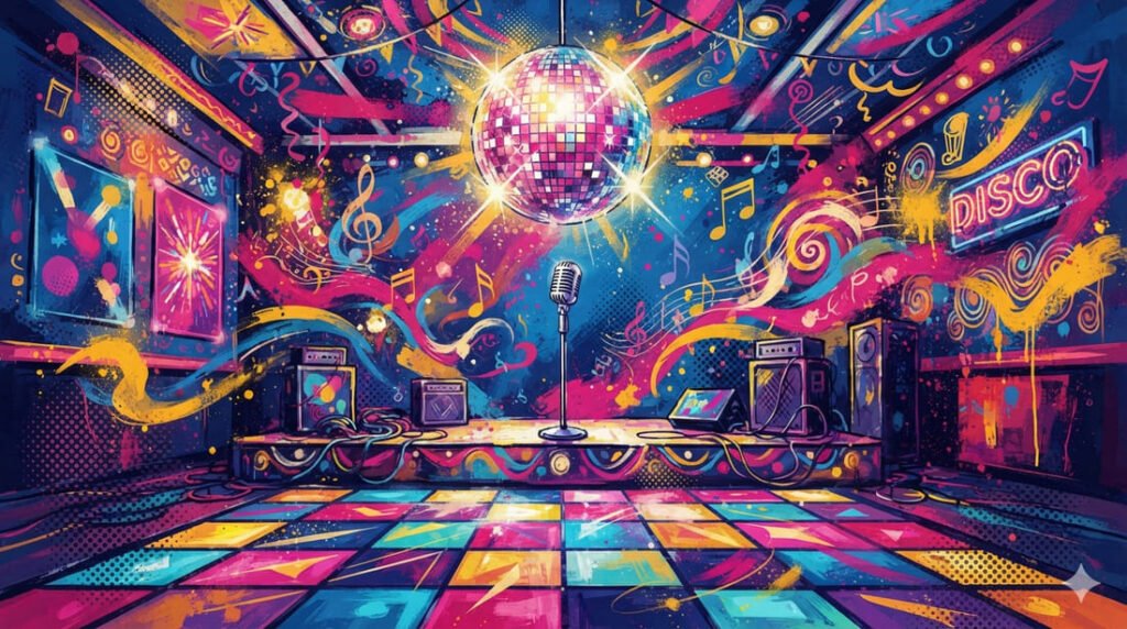 Ilustração pop-art vibrante com globo de espelhos, microfone vintage, pista de dança colorida e notas musicais em paleta azul, rosa e dourado — evocando a era disco