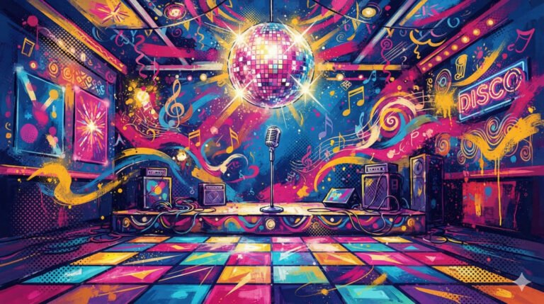 Ilustração pop-art vibrante com globo de espelhos, microfone vintage, pista de dança colorida e notas musicais em paleta azul, rosa e dourado — evocando a era disco