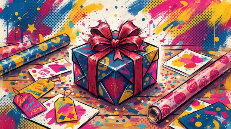 Ilustração pop-art de caixa de presente com laço vermelho, papéis de embrulho coloridos e cartões decorativos em paleta azul, rosa e dourado