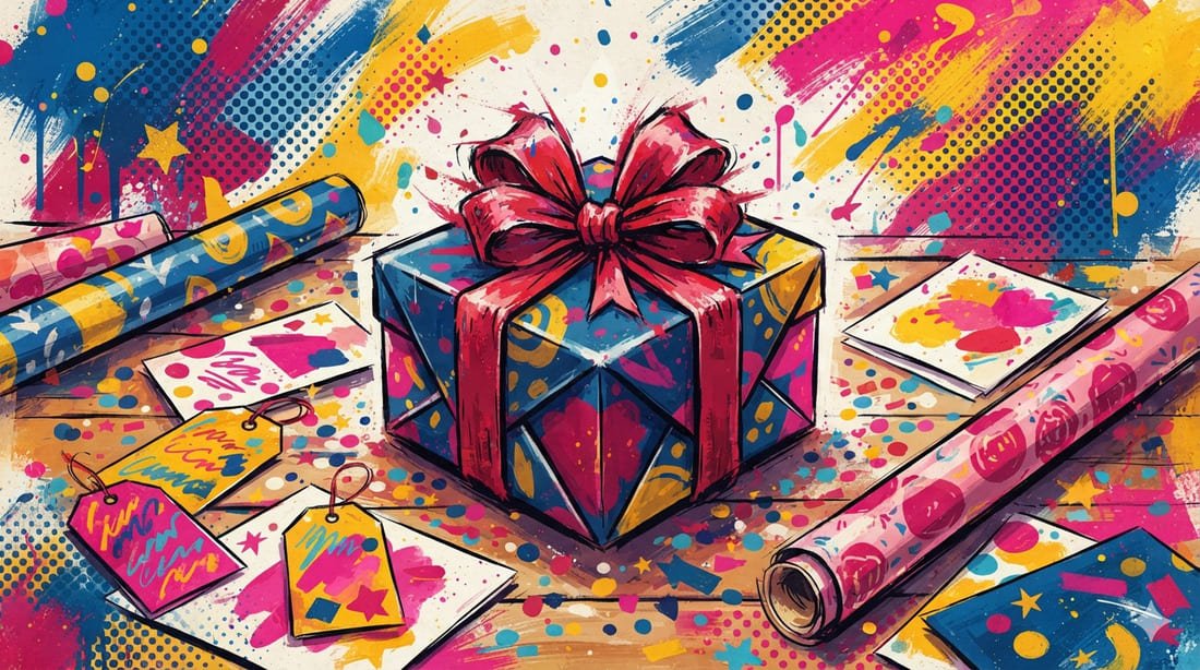 Ilustração pop-art de caixa de presente com laço vermelho, papéis de embrulho coloridos e cartões decorativos em paleta azul, rosa e dourado