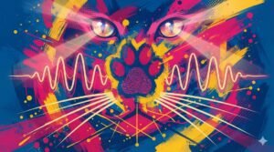 Ilustração pop-art abstrata com pegada felina, padrão de nariz, ondas sonoras do ronronar, bigodes estilizados e olhos brilhantes em paleta azul, rosa e dourado