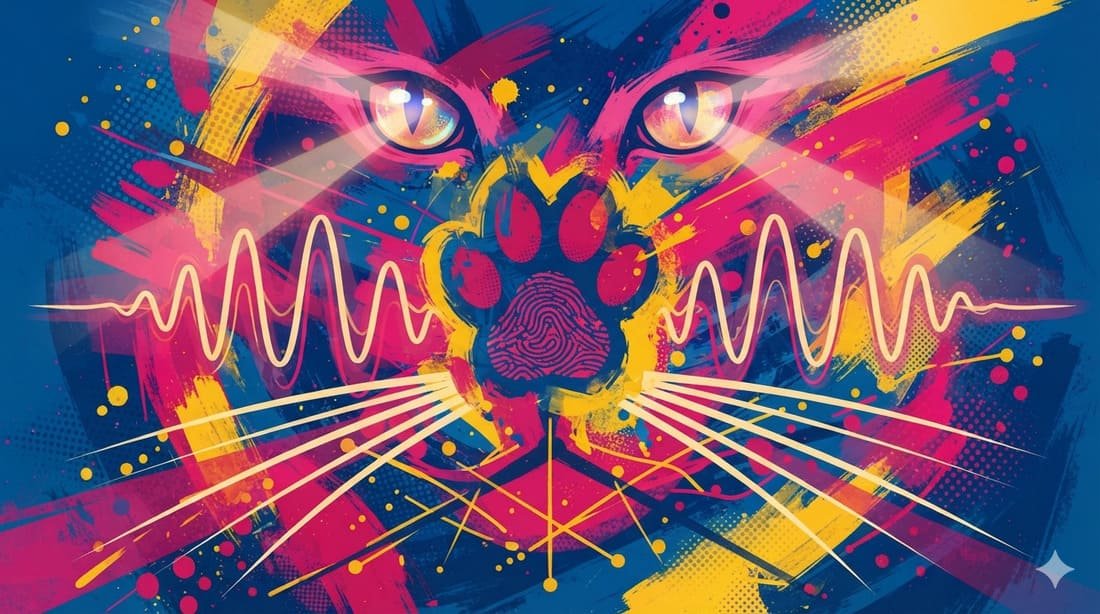 Ilustração pop-art abstrata com pegada felina, padrão de nariz, ondas sonoras do ronronar, bigodes estilizados e olhos brilhantes em paleta azul, rosa e dourado