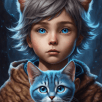Imagem criada com IA de um menino-gato segurando um gato