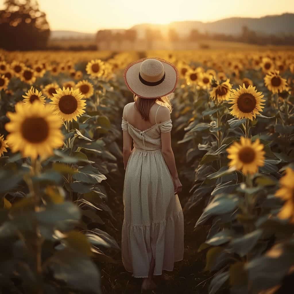 Retrato de costas de uma mulher em um campo de girassóis durante a Hora Dourada. Intenso flare de sol suave no topo, criando uma iluminação quente e dramática que realça a cor amarela. Estilo foto de viagem de alta qualidade com foco na luz.