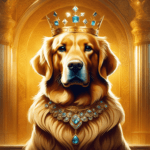 Imagem de um cão da raça Golden Retrevier com uma coroa de jóias na cabeça e um colar de diamantes no pescoço