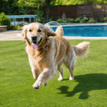 Imagem de um Retriever perto de uma piscina