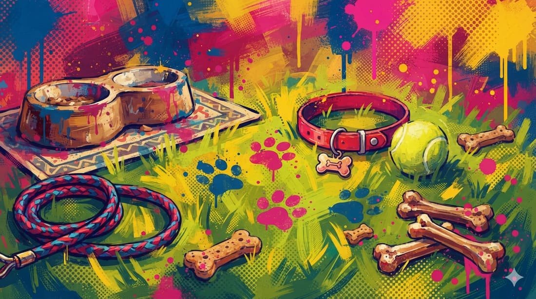 Ilustração pop-art vibrante com coleira vermelha, bola de tênis, patas e tigela de ração em paleta azul, rosa e dourado — representando a alegria do Golden Retriever