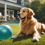 Imagem de um cachorro da raça Golden Retriever com uma bola num gramado
