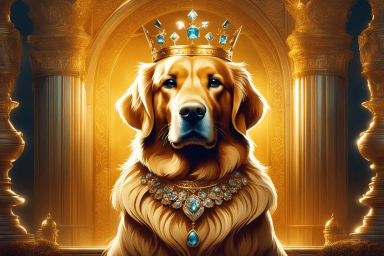 Imagem de um cão da raça Golden Retrevier com uma coroa de jóias na cabeça e um colar de diamantes no pescoço