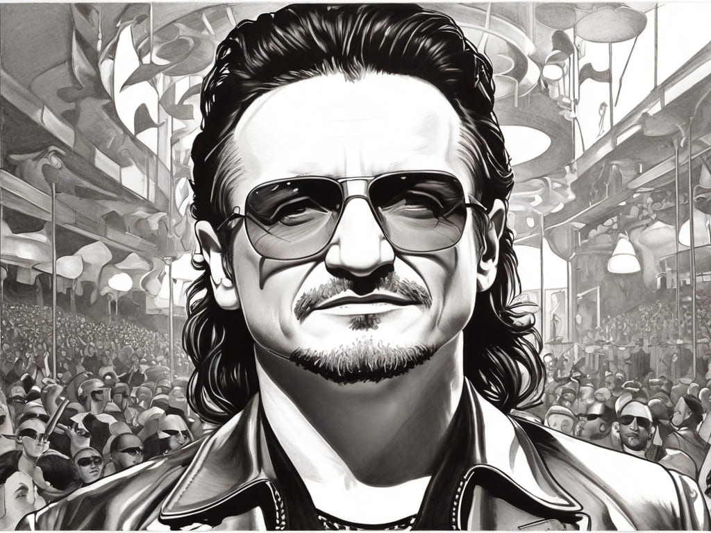 ilustração-preto-e-branco-do-cantor-Bono-Vox U2 Stay Faraway So Close. Ilustração preto e branco do cantor Bono Vox.
