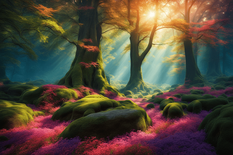 Imagem de uma floresta mística criada com inteligência Artificial em Playground AI. Criação visual com AI