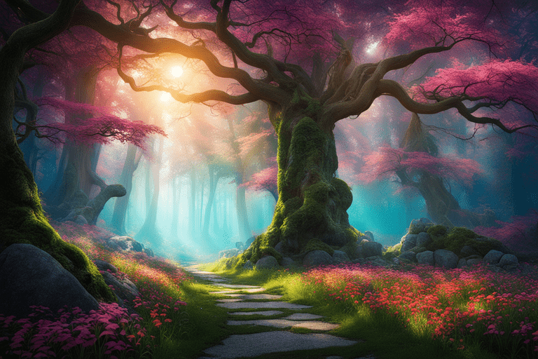 Imagem de uma floresta criada com AI. Criação visual com AI