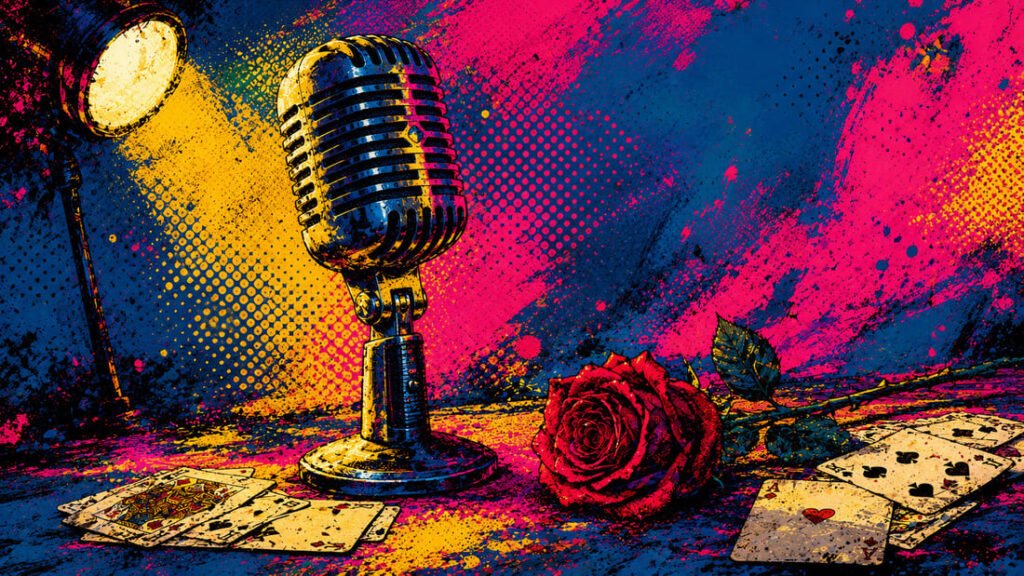 Ilustração pop-art com microfone vintage dos anos 30, cartas de jogo e rosa vermelha em paleta azul, rosa e dourado — evocando o videoclipe de "It's My Life"