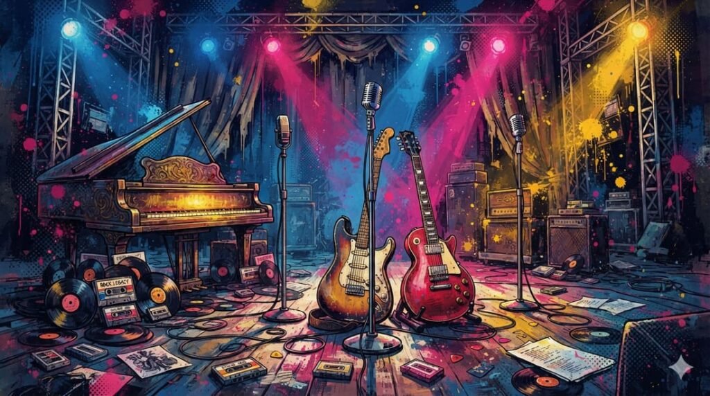 Ilustração pop-art com guitarras vintage, piano, microfone e luzes de palco em paleta azul, rosa e dourado — evocando o legado de 53 anos do Journey