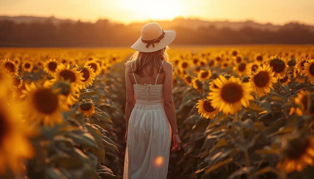 Vista aérea baixa de um vasto campo de girassóis dourados sob o sol poente. Uma mulher de chapéu, de costas, é pequena em meio à escala das flores, destacando a imensidão. Imagens de Campos de Girassóis que enfatiza a paisagem.