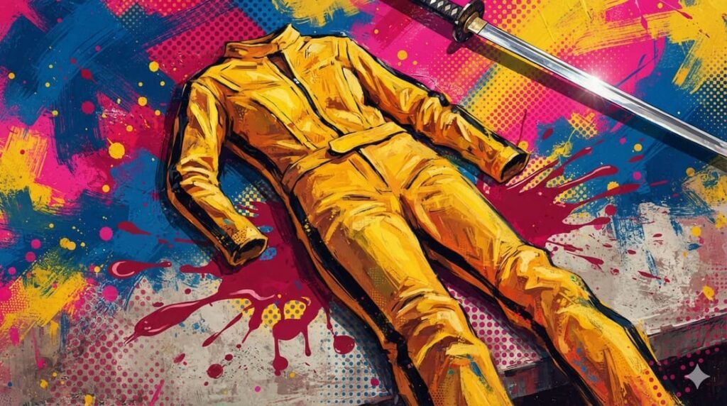 Ilustração pop-art com macacão amarelo icônico de listras pretas, katana japonesa e respingos de tinta vermelha em paleta azul, rosa e dourado — evocando a saga Kill Bill